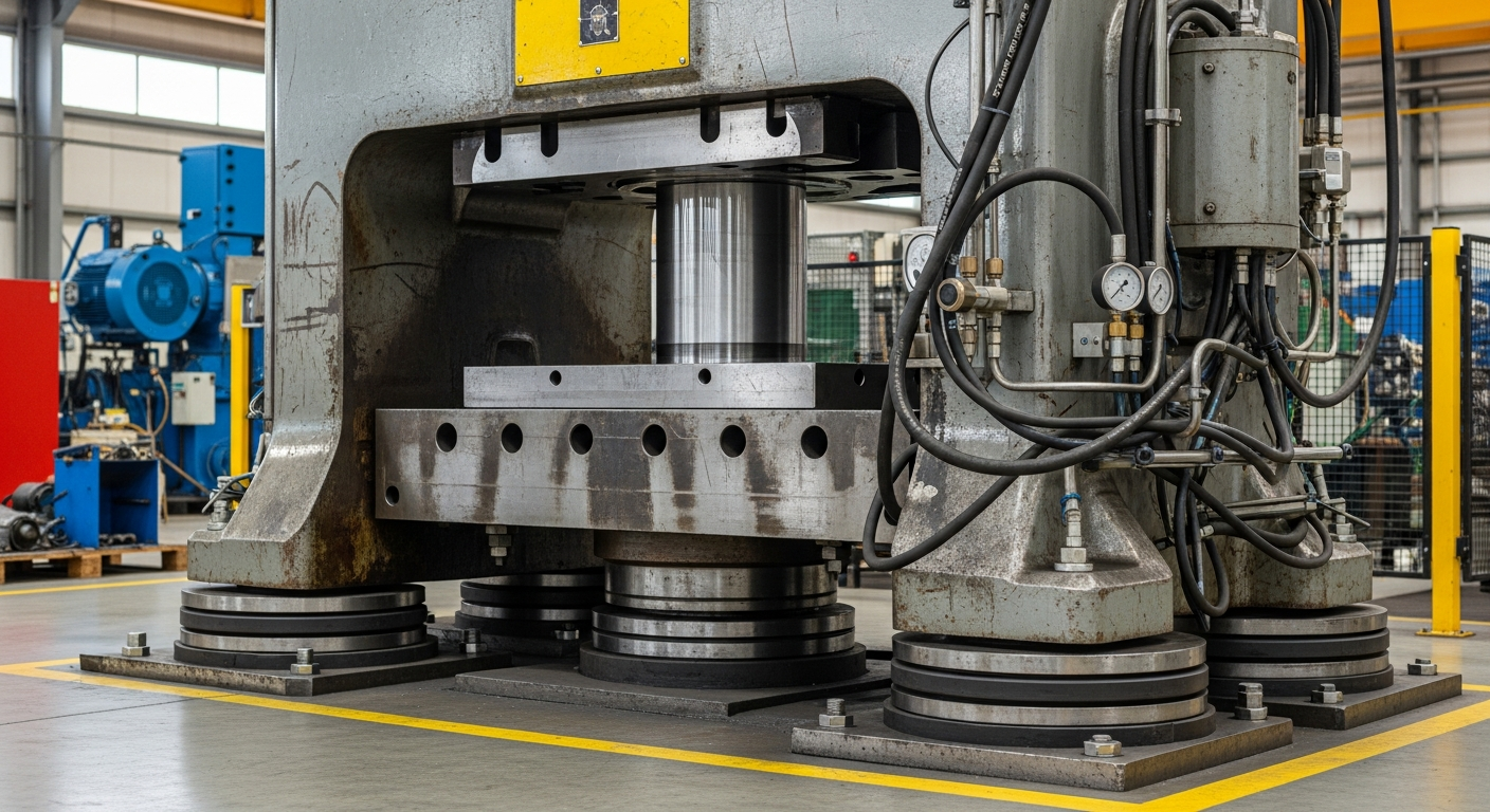 Pressa industriale installata su supporti antivibranti in gomma-metallo